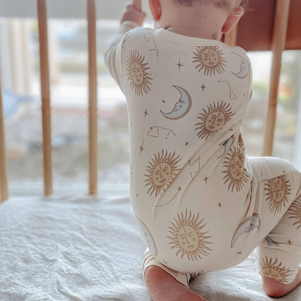 Bamboo organic cotton sun and moon baby zip jumpsuit