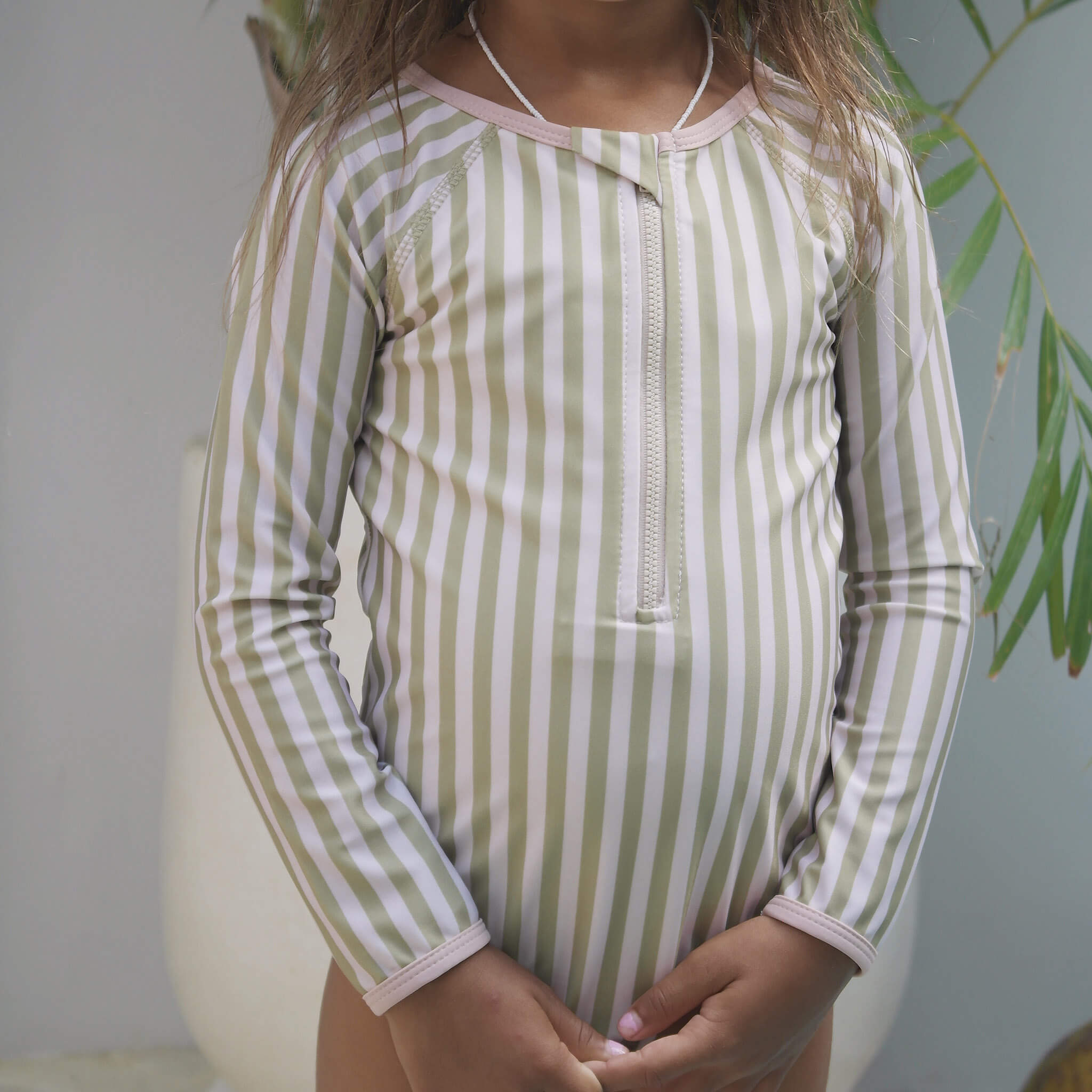 Girls green and cream stripe long sleeve swimsuit