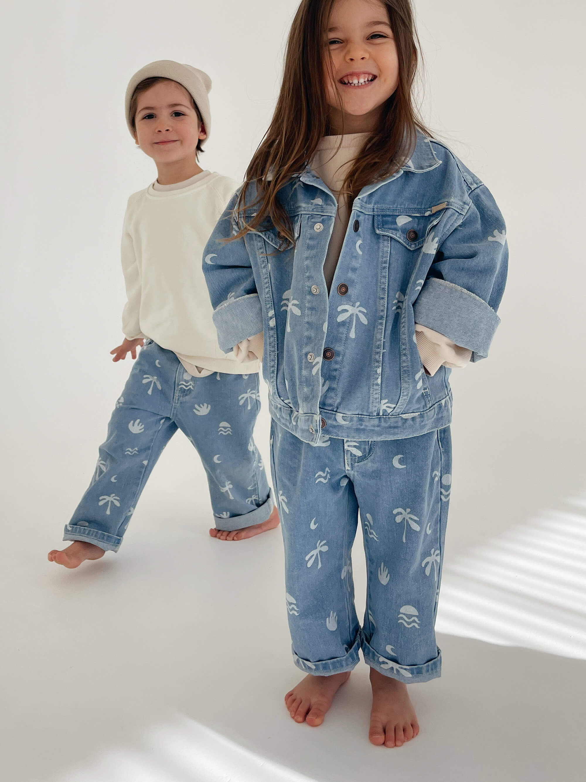 Kids wearing denim blue jeans and jacket for bam Loves Boo