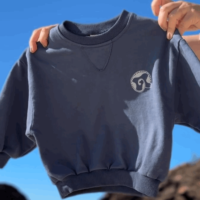 Video of front and back printed navy blue kids jumper by bam loves boo