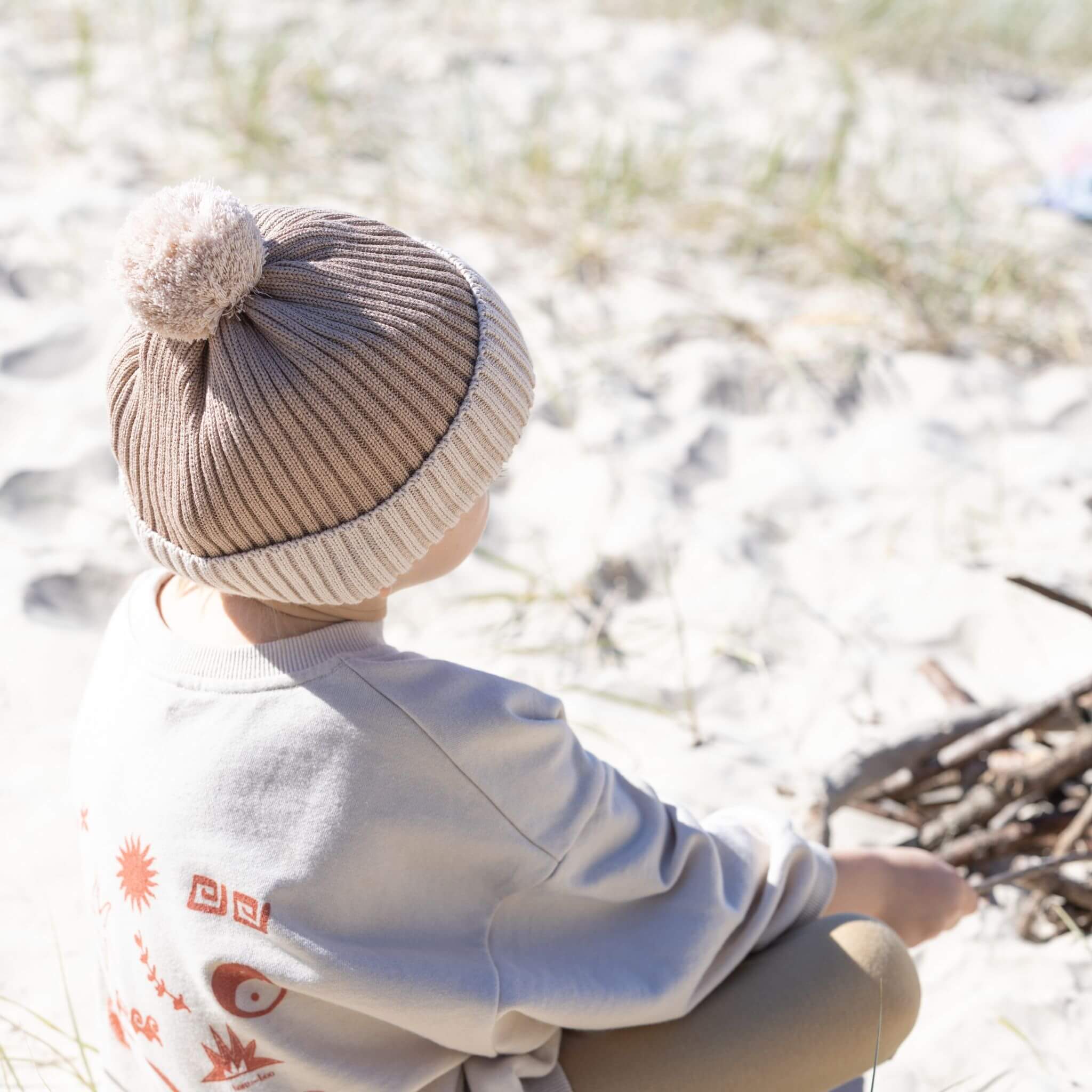 kids brown bamboo beanie with pom pom