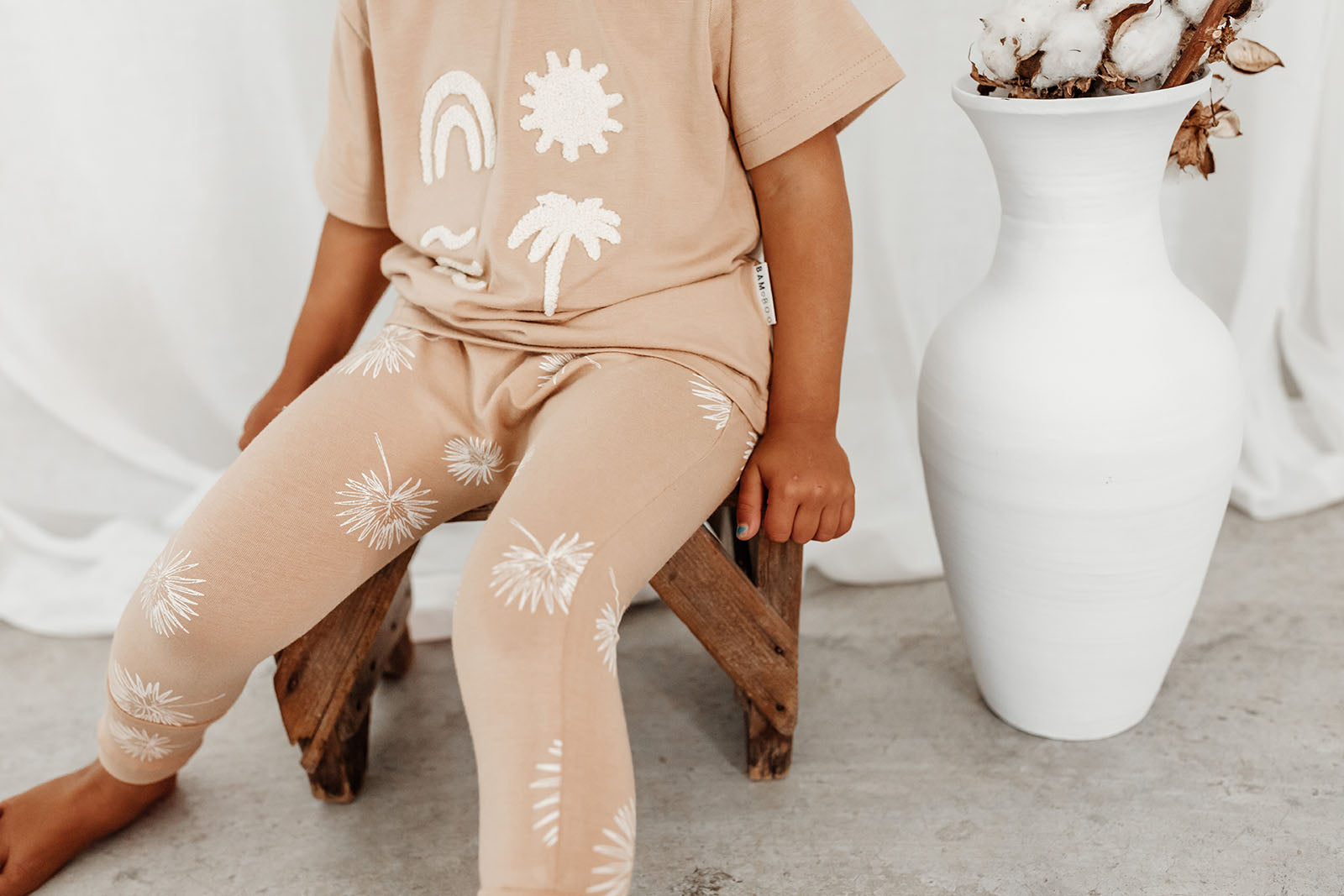 Palm Fan honey coloured printed leggings with elasticated waist by Bam Loves Boo