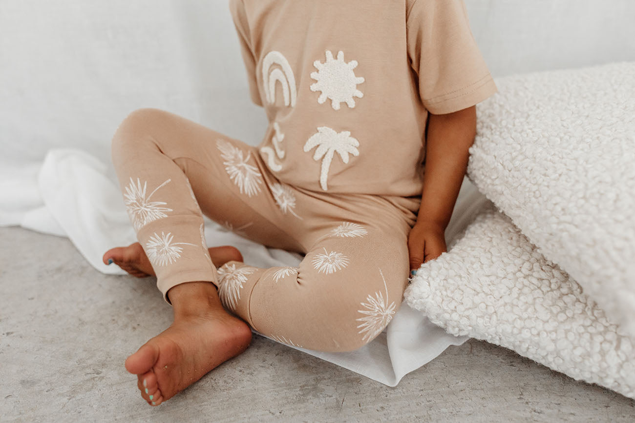 Palm Fan honey coloured printed leggings with elasticated waist by Bam Loves Boo
