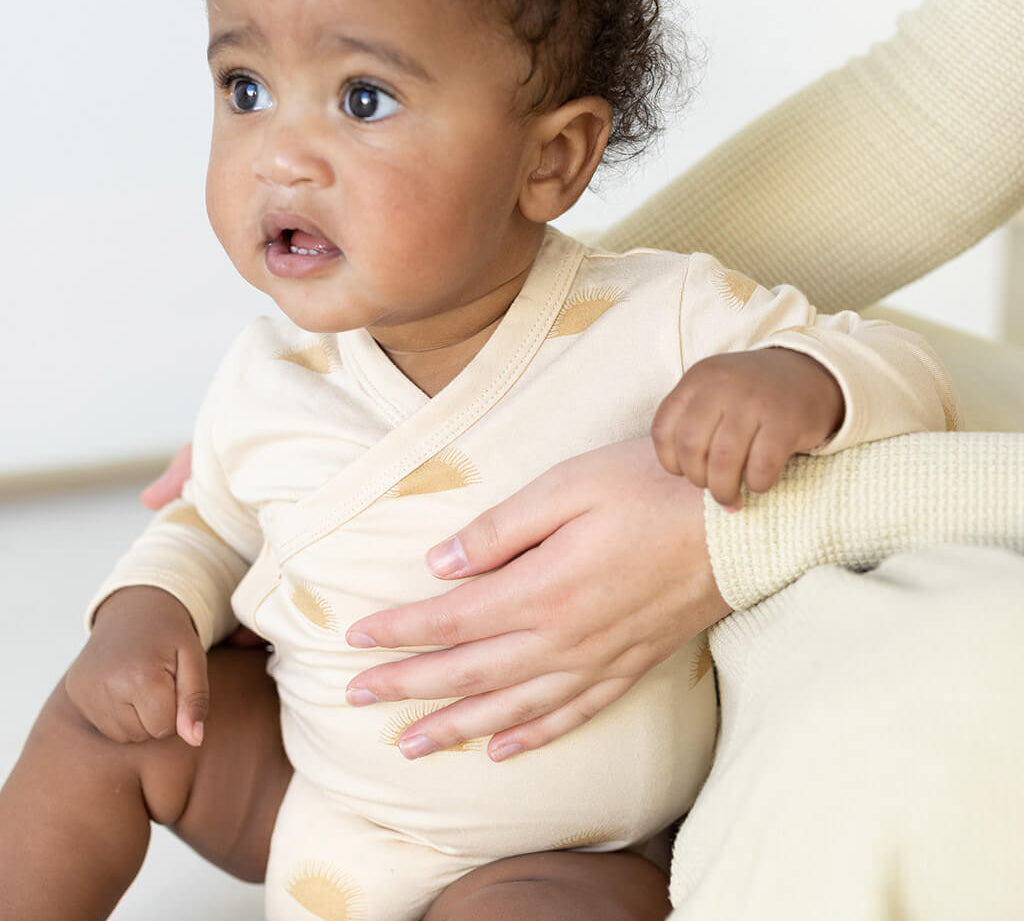 Baby wearing Bam Loves Boo bamboo and organic cotton clothing