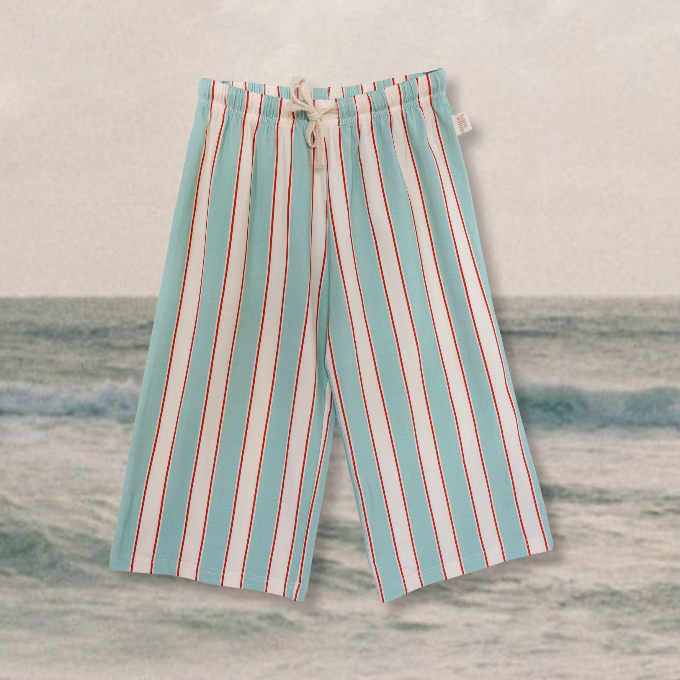 kids wide leg pant with blue red and cream stripe