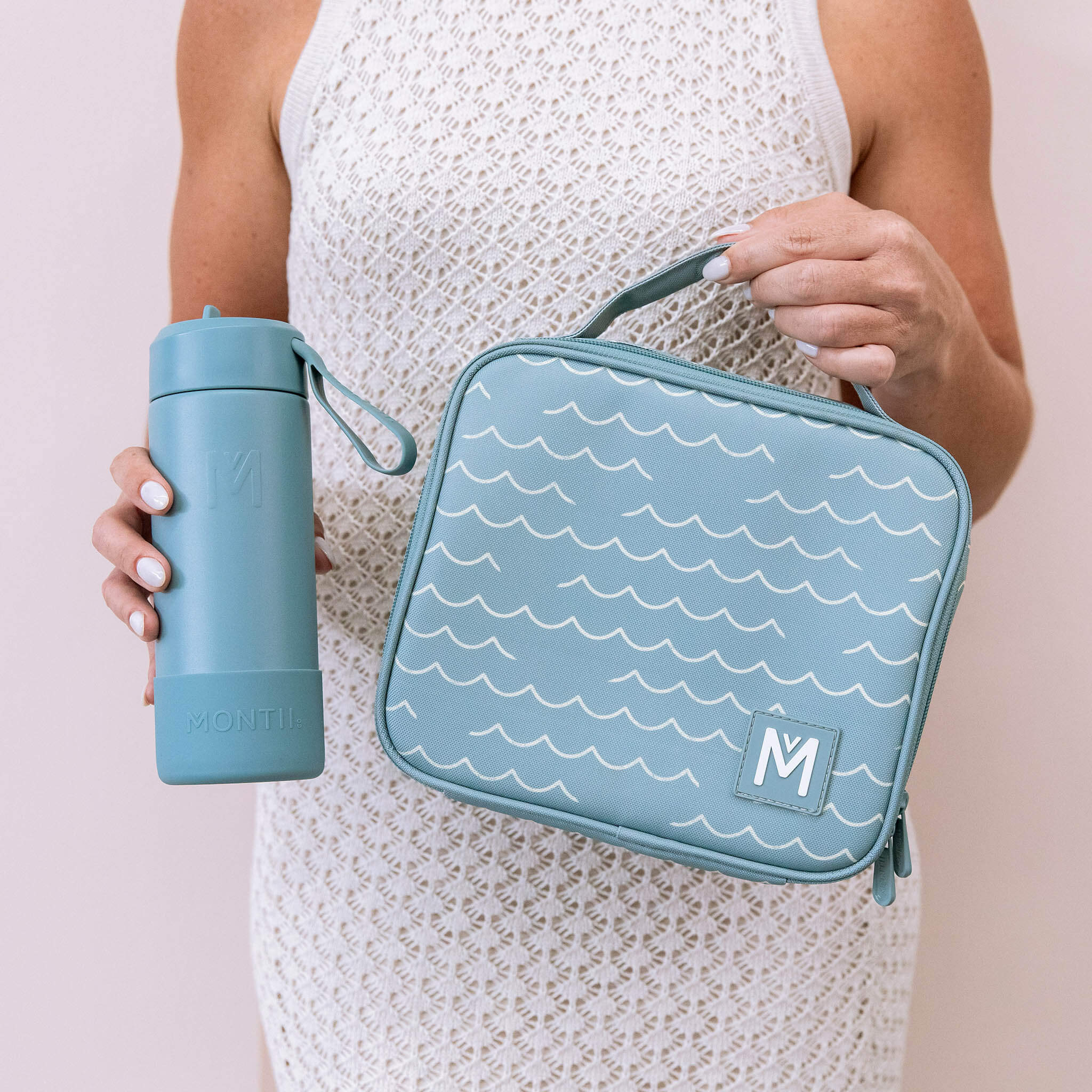 Montii blue drink bottle and lunch bag