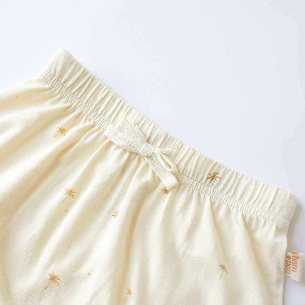 bamboo organic cotton cream palm tree shorts with tie waist