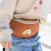 rust red cord bumbag with rainbow embroidery