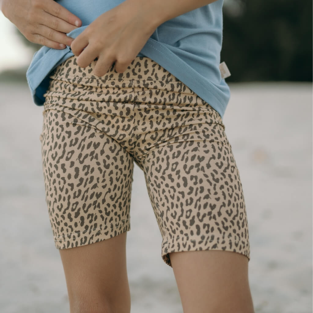  bamboo kids leopard print shorts and a light blue top 