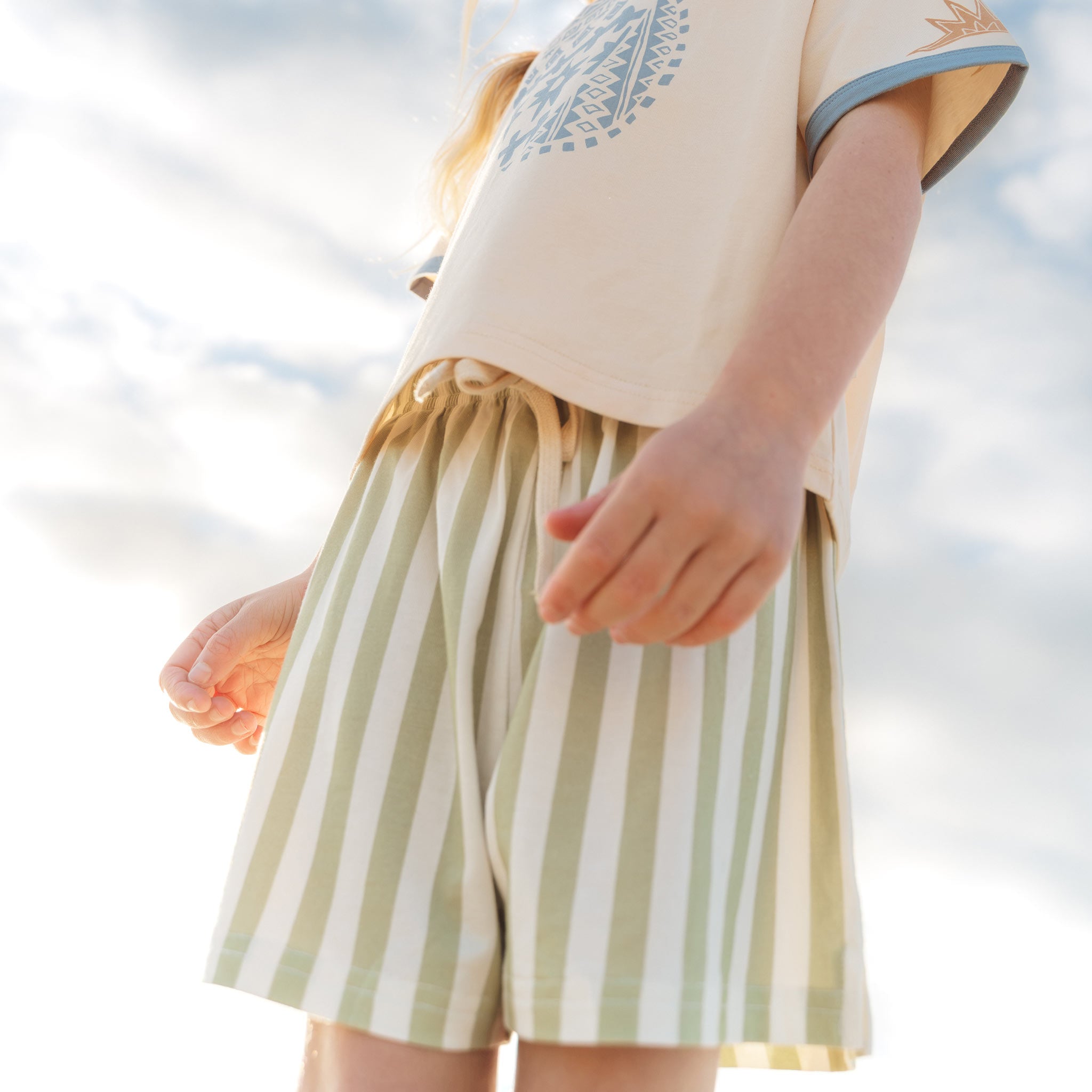 Sage green and cream striped shorts with tied drawstring waist by Bam Loves Boo