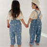 Kids blue denim jean overalls with Cali Print