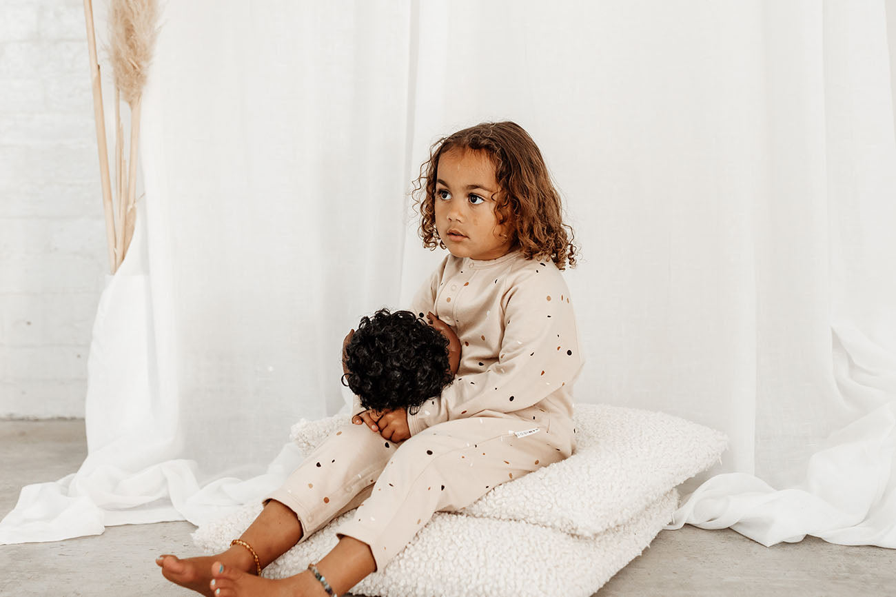 Terrazzo printed baby fleece beige jumpsuit  by Bam Loves Boo