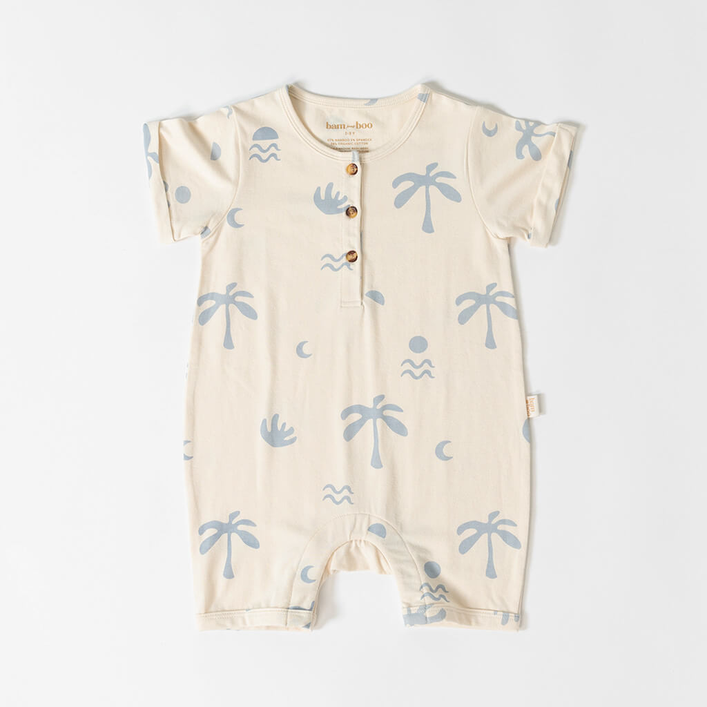 Cream Baby bamboo short leg jumpsuit with blue cali print
