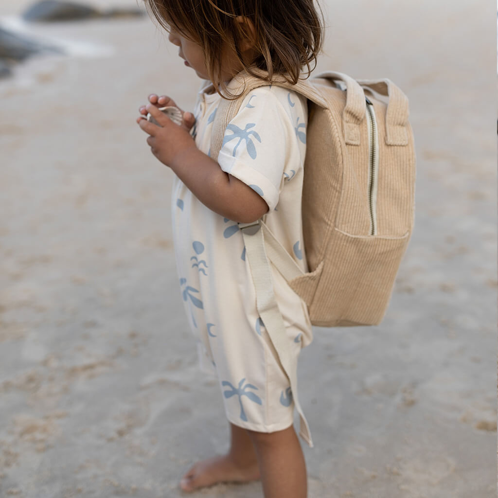 toddler bamboo jumpsuit wearing cord backpack