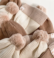 Cream and brown Bamboo Cotton Knitted kids pom pom Beanies by Bam Loves Boo