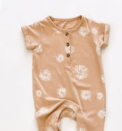 Short sleeve baby Jumpsuit with all over palm print in honey colour by Bam Loves Boo