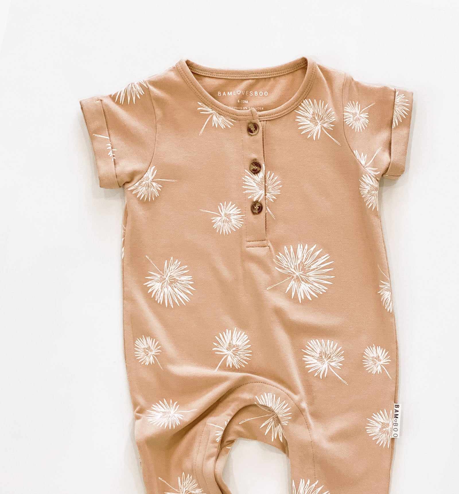 Short sleeve baby Jumpsuit with all over palm print in honey colour by Bam Loves Boo