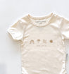 Cream baby onesie  with Sun child word and icons Bam Loves Boo