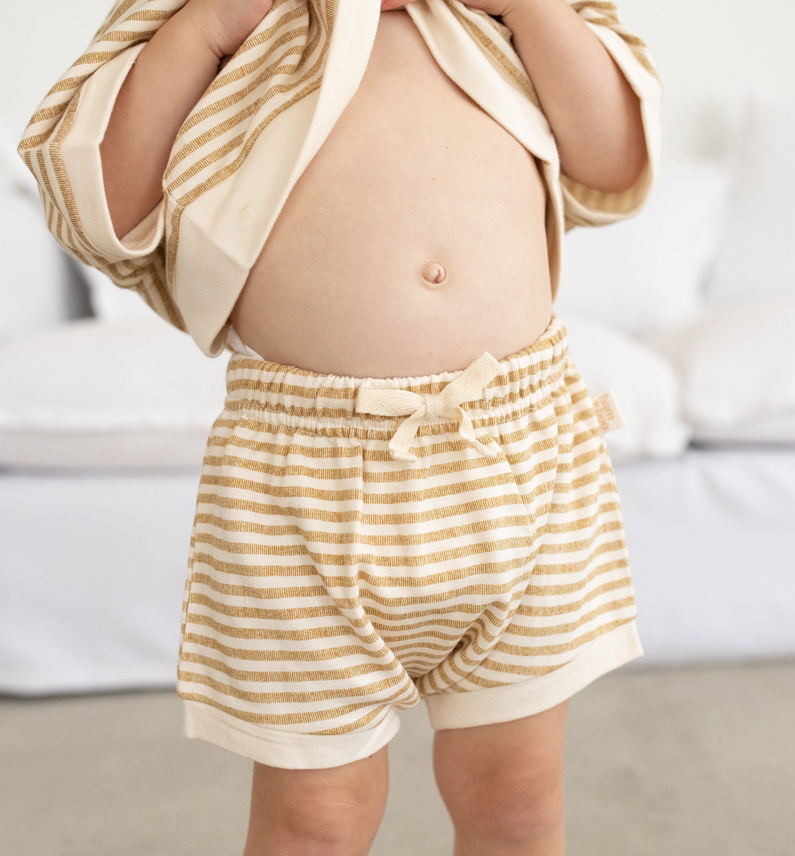 Striped shorties in Bamboo Organic cotton fleece by Bam Loves Boo