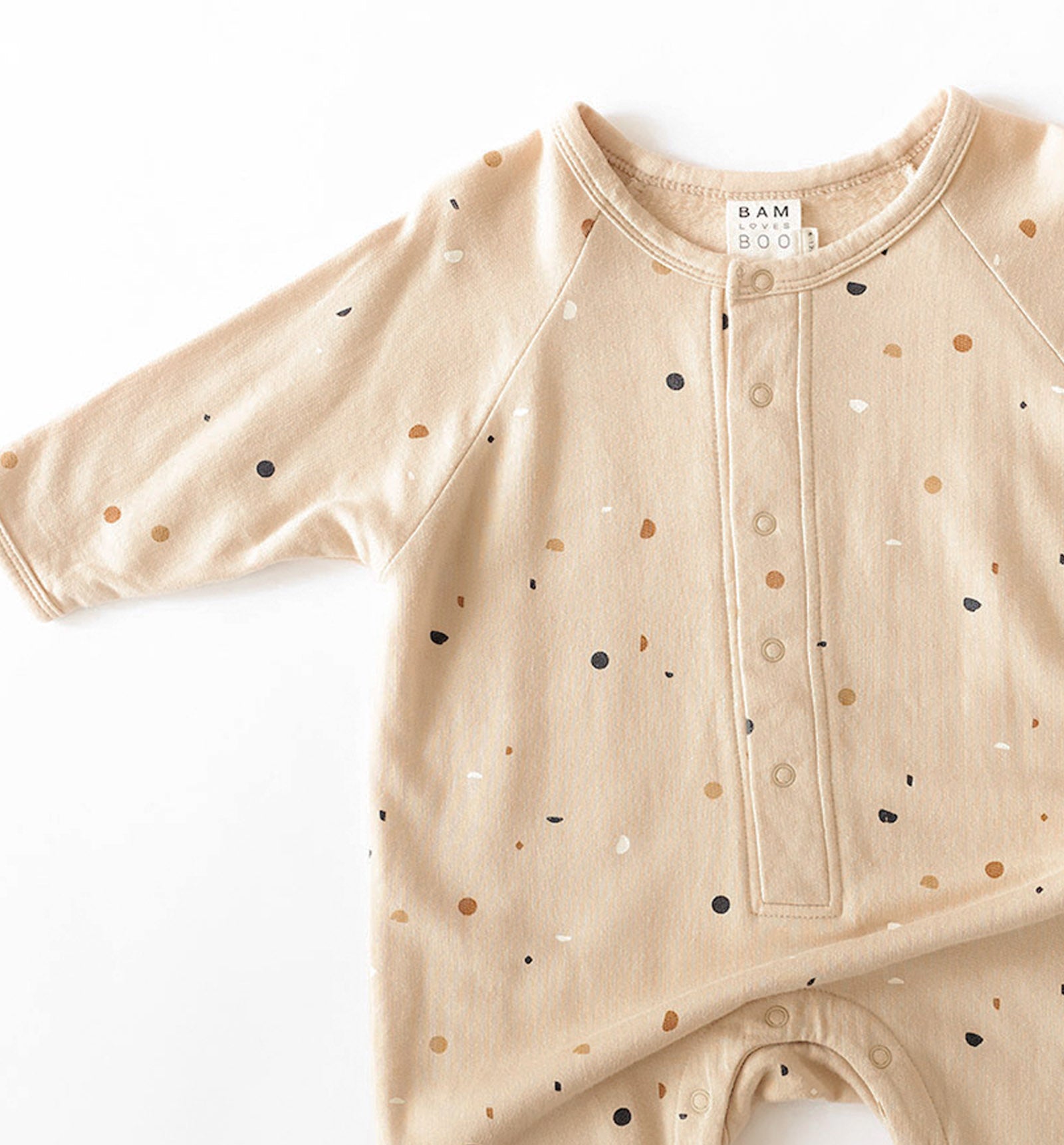 Terrazzo printed baby fleece beige long sleeve jumpsuit by Bam Loves Boo