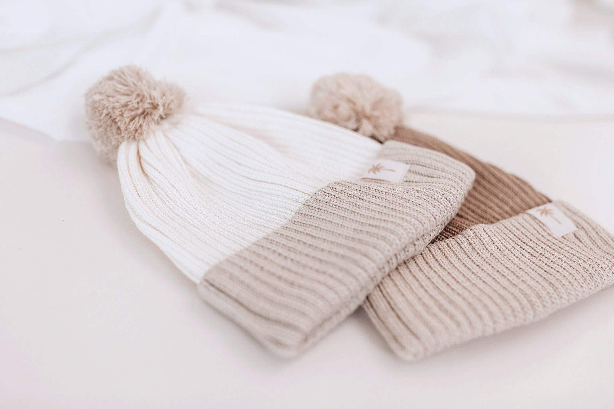 Cream and brown Bamboo Cotton Knitted kids pom pom Beanie by Bam Loves Boo