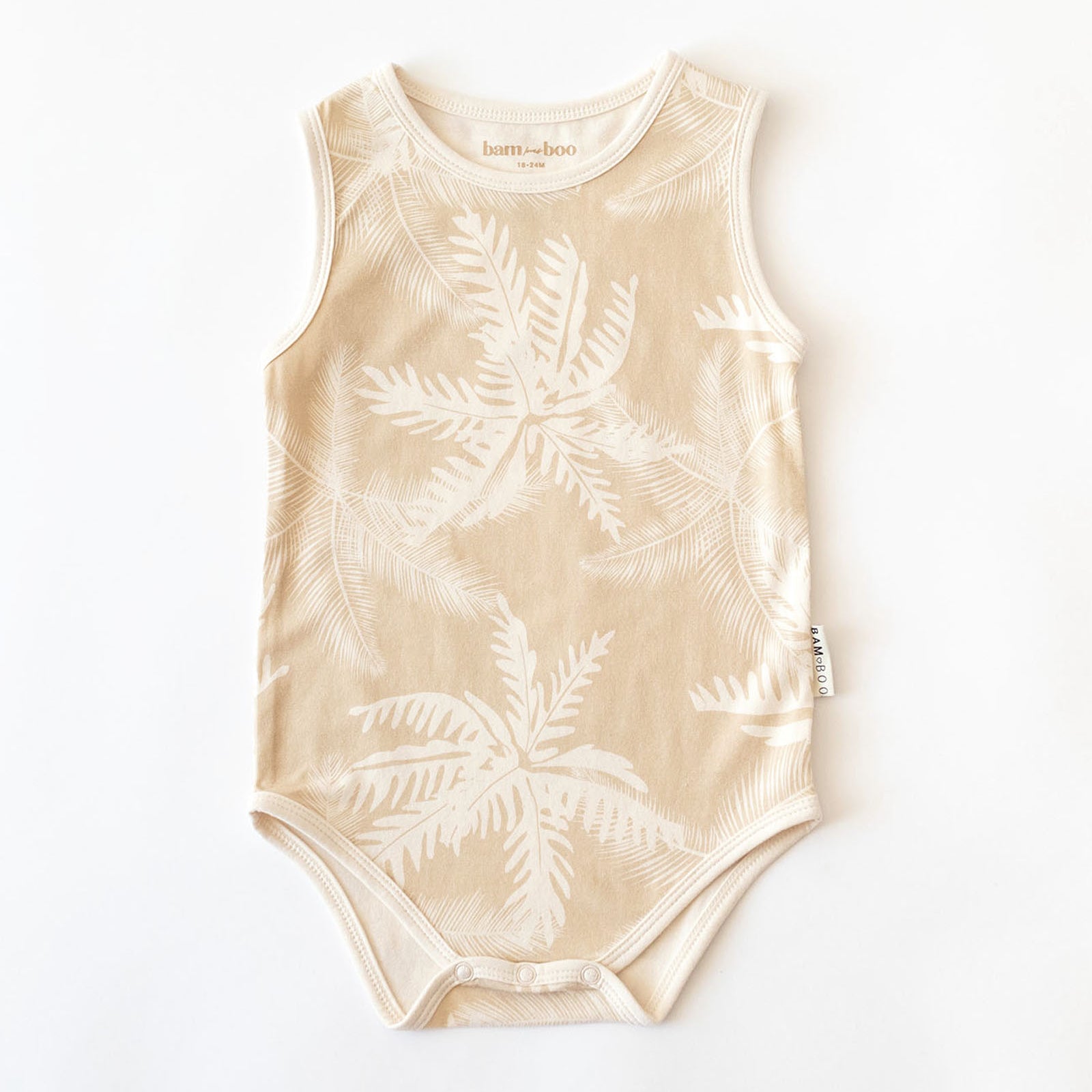 Palm printed beige and cream baby onesie by Bam Loves Boo