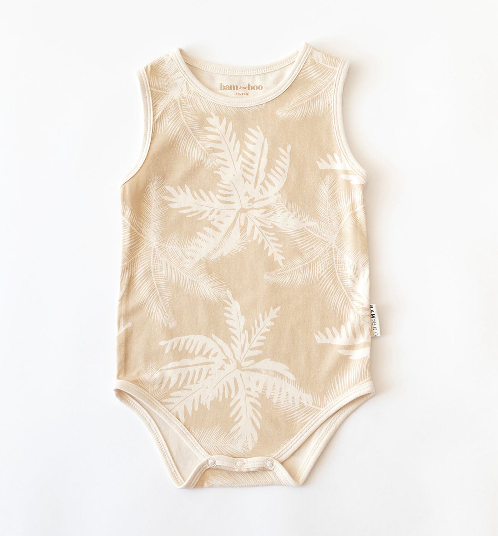 Palm printed beige and cream baby onesie by Bam Loves Boo